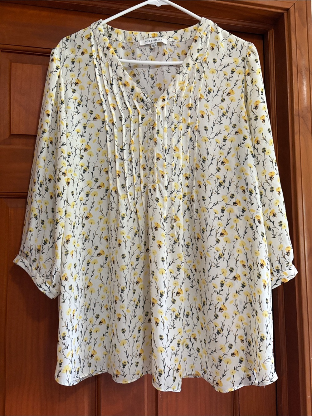 Rose + Olive Cream Tunic with Yellow Floral Pintuck Front